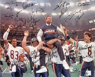The 1985 Chicago Bears carry head coach, Mike Ditka, on their shoulders as they celebrate their first Super Bowl victory in franchise history.