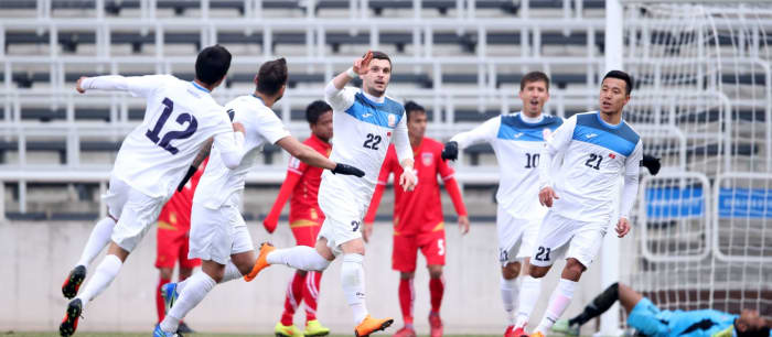 Kyrgyzstan players celebrate during a 2019 Asian Cup qualifier in Incheon, South Korea. Kyrgyzstan won 5-1 to qualify for the 2019 Asian Cup.