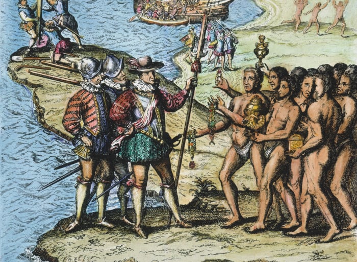 After landing on an outlying island, Columbus quickly found his way to Hispanola with its large population of Native Americans.