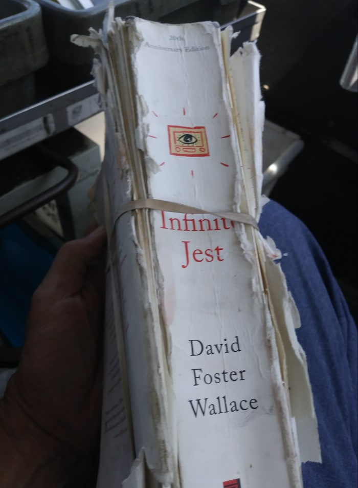 By the end Infinite Jest was in tatters, literally falling apart in my hands. I had to use rubber bands to keep the novel from bursting its literary rivets.