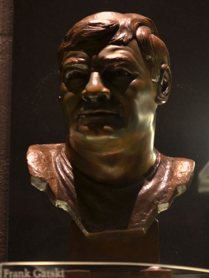 The bust of former Cleveland Browns center, Frank Gatski, as seen in the Pro Football Hall of Fame.
