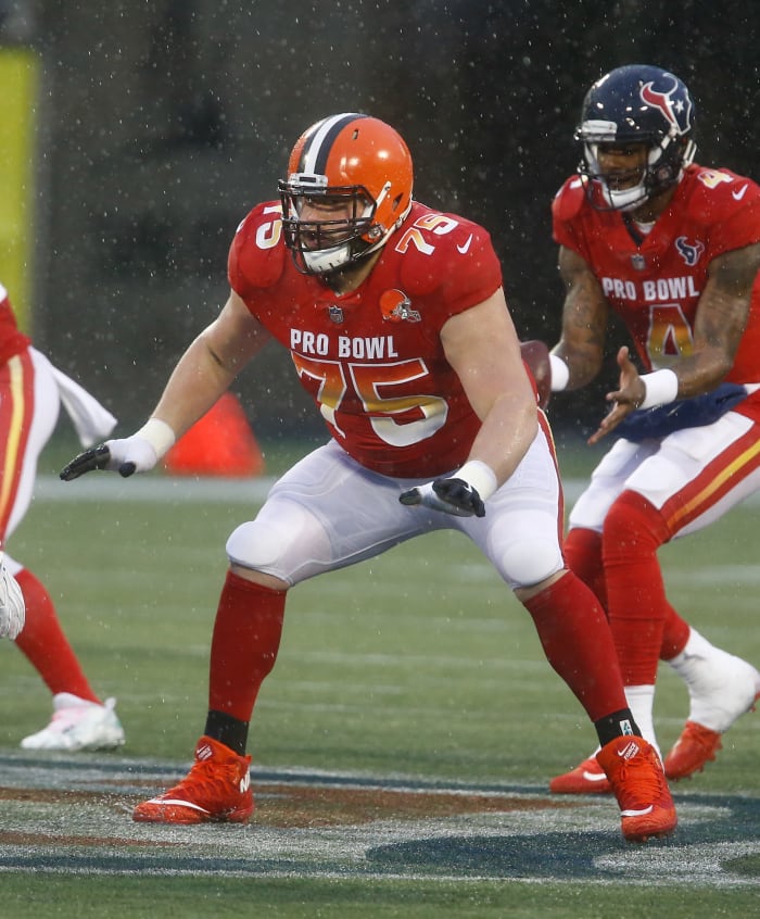 Cleveland Browns offensive guard, Joel Bitonio (75), defends the line of scrimmage during the second half of the NFL Pro Bowl football game at Camping World Stadium in January 2019.