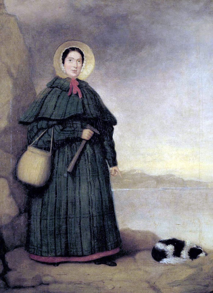Mary Anning with her dog Tray. The terrier was killed in a landslide that almost caught Anning while she was hunting for fossils.