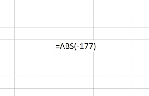 The ABS function appears above as it would when typed into an Excel worksheet. After this function is entered in the cell it would return a positive 177.