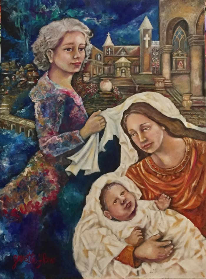 Annabelle positions the white shawl on the beggar and on her child to keep them warm on the damp night