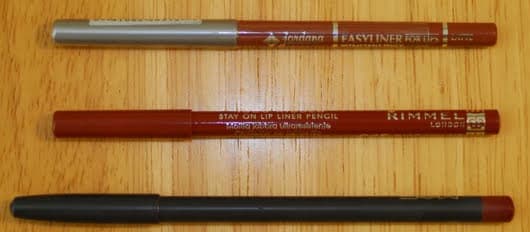 From top to bottom: Jordana Lip Liner in Latte, Rimmel Lip Liner in Cafe au Lait, and MAC Lip Liner in Auburn