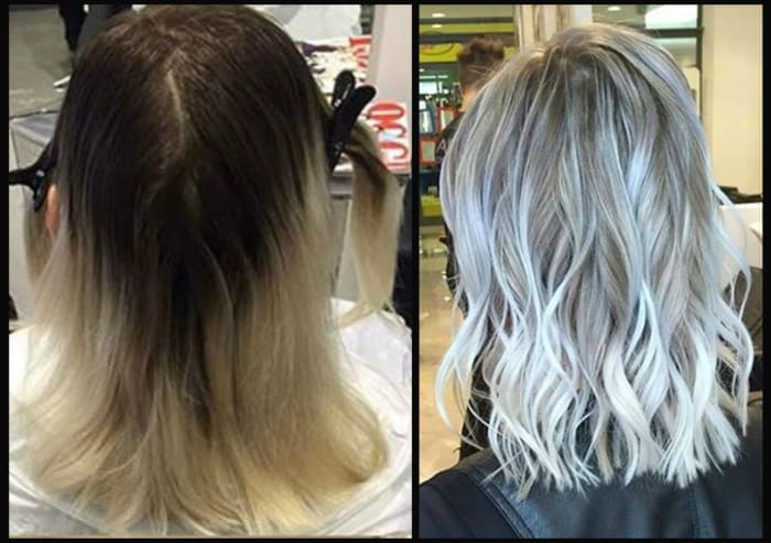 Note the Olaplex has repaired the frizzy hair, and how much healthier the hair looks even after further lightening and processing.