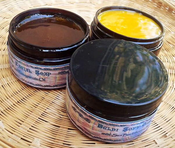 Beldi facial soap, before and after cure. Freshly made soap is yellow. Cured soap has aged to amber.