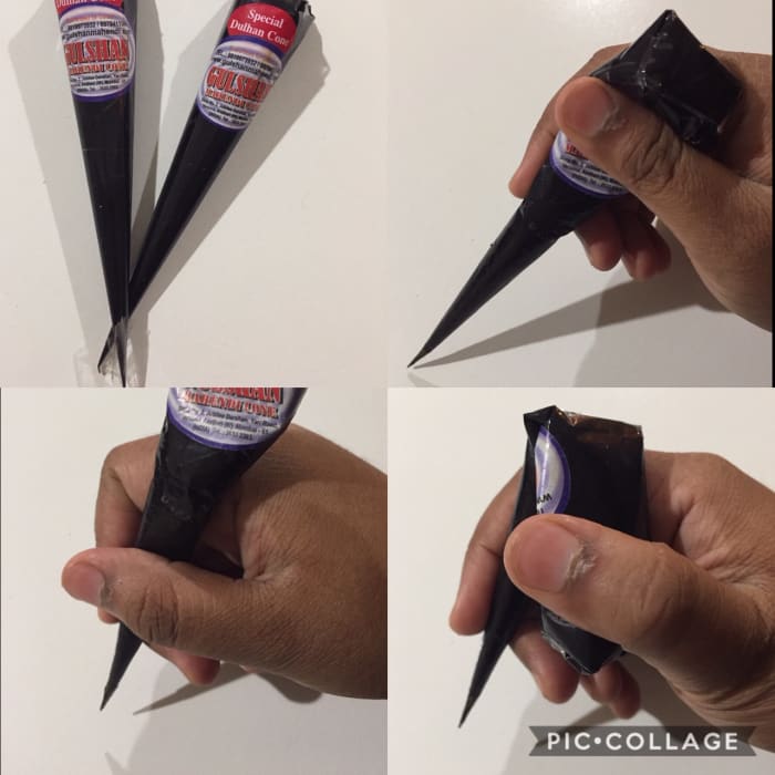 Here are the cones I use and some ways to hold them. The picture at the bottom right is for when the henna is half-way empty.