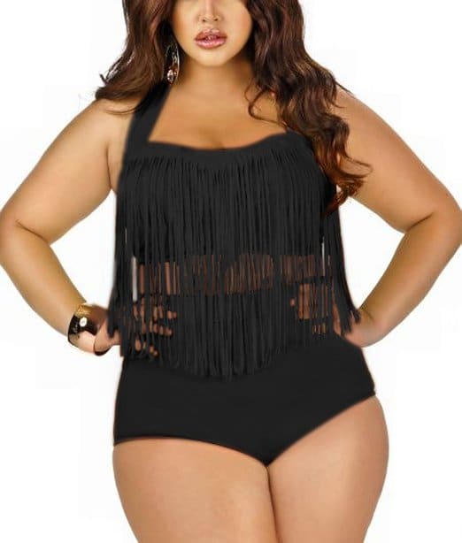 An interesting neckline, like a halter or this fringed top, draws attention to your bust and away form your hips and waist.