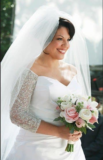 Boat neck wedding gown, Sara Ramirez from Grey's Anatomy by Amsale, posted by Prisca Oktavia Dwi Putri on December 21, 2014
