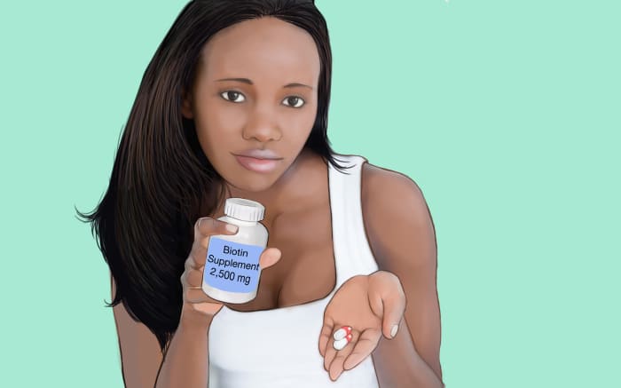 Biotin supplements can be part of a healthy hair regimen, along with a good diet and plenty of water.