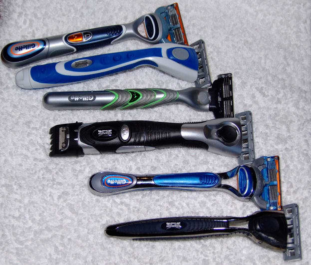 Razor Array Top to Bottom Gillette Fusion Power Wilkinson. Sword Quattro Energy. Gillette Mach3. Quattro Titanium freestyle. Gillette fusion (not powered). Wilkinson Sword Quattro (not powered)