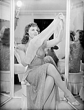 Fabric restrictions put a new emphasis on legs. (Pictured is the actress Paulette Goddard.)