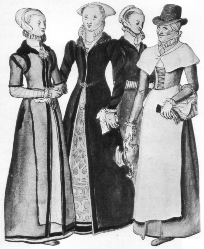 2 Londoners and a country woman: the lady on the left is wearing a coif on her head, the lady on the right is wearing a kerchief.