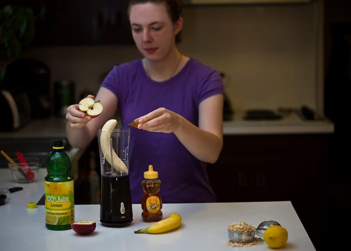 Combine banana, apple, lemon juice, and honey in a blender. Transfer to a small bowl and add a little cooked oatmeal. Cover and leave in a cool place to set.