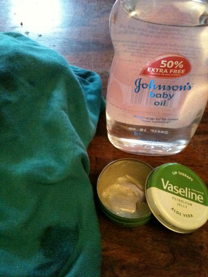Leather Boot Breaking-In Equipment - petroleum jelly, baby oil and an old t-shirt as a soft cloth. And yes, I did use Vaseline's 'lip therapy' on my boots - and they are now kissably soft!