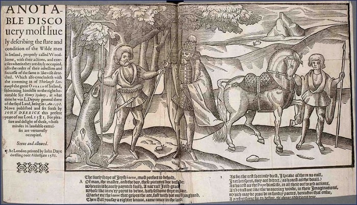 An Irish chieftain in full dress uniform (center). From "The Image of Irelande" by John Derrick, 1581.