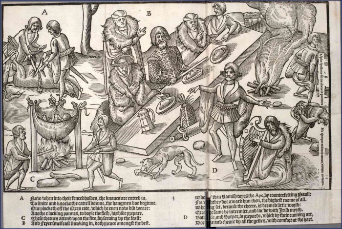 The Irish chief of the Mac Sweynes seated at dinner with a bard and harper performing. From "The Image of Irelande" by John Derrick, 1581.