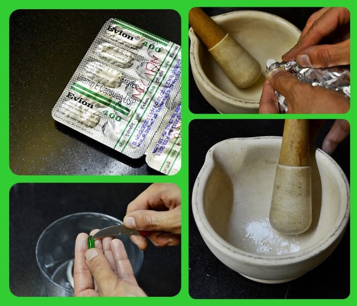 Vitamin E will be in liquid form inside capsule and can be poured directly into your blender. The vitamin C needs to be crushed into a powder before being added.