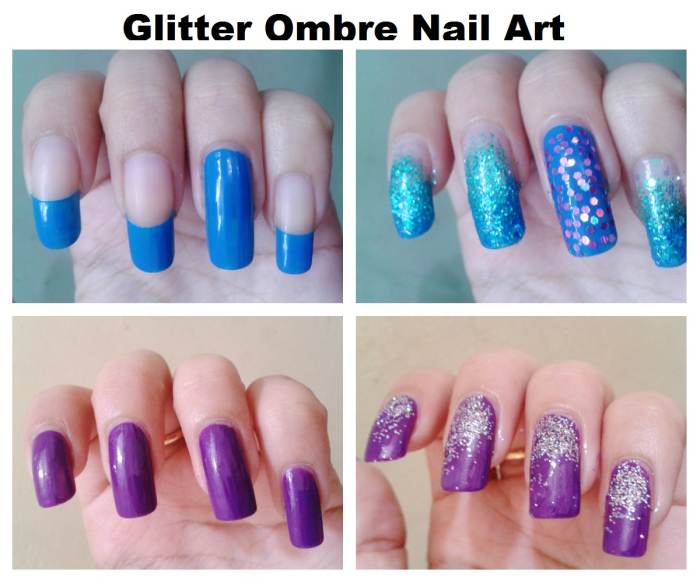 Glitter ombre nails. The base colors can be seen on the left; the final nails are on the right.