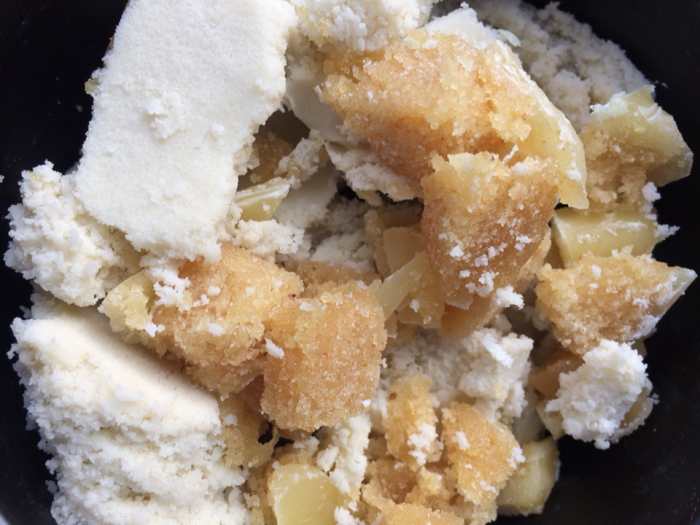 Shea Butter and Beeswax. My wax has a bit of honey in it since I rendered it myself. If you purchased your wax, it will be "cleaner".