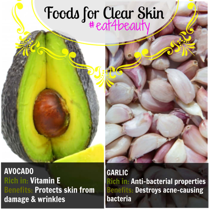 What foods should you eat for clearer looking skin? Avocado and Garlic contain important vitamins and nutrients that can clear complexion!