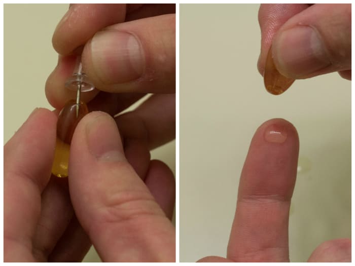 Use vitamin E capsules for best results. Puncture the capsule with a pin and squeeze a small amount onto your finger. Apply to affected area.