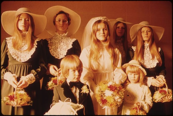 A quaint historical style featuring elements of Victorian and Edwardian fashions was popular at weddings during the 1970's.
