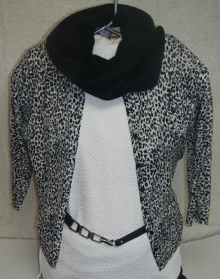 White top $5 off-season sale, leopard print sweater $3.57 at a thrift store, belt $1.25 overstock sale, funnel scarf $2.50 clearance sale. Outfit total? $12.32!