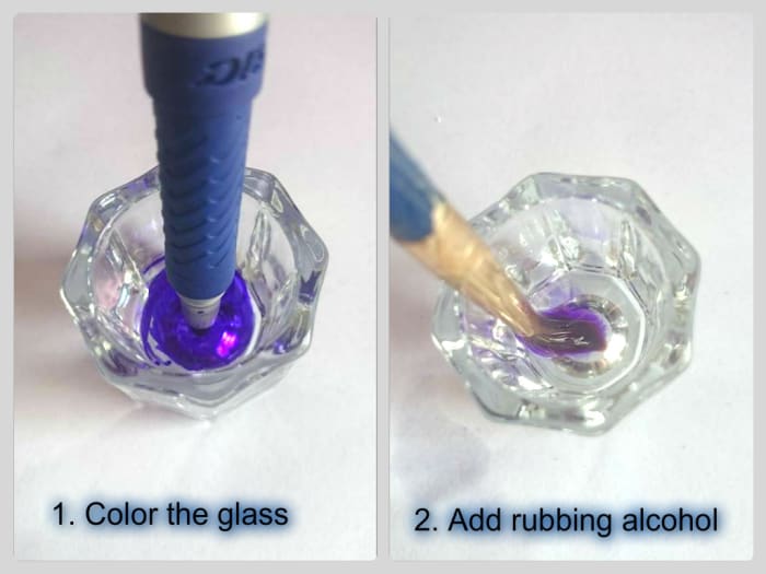 Color the glass and spritz some rubbing alcohol into the bottom of the glass, then swirl your paintbrush in it, squeeze the excess liquid onto the sides and paint.