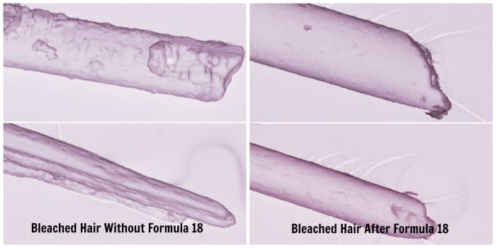 Formula 18, made with pea peptides, penetrates between uplifted scales in the cuticle to create a stapling type effect with a smoother, healthier appearance.