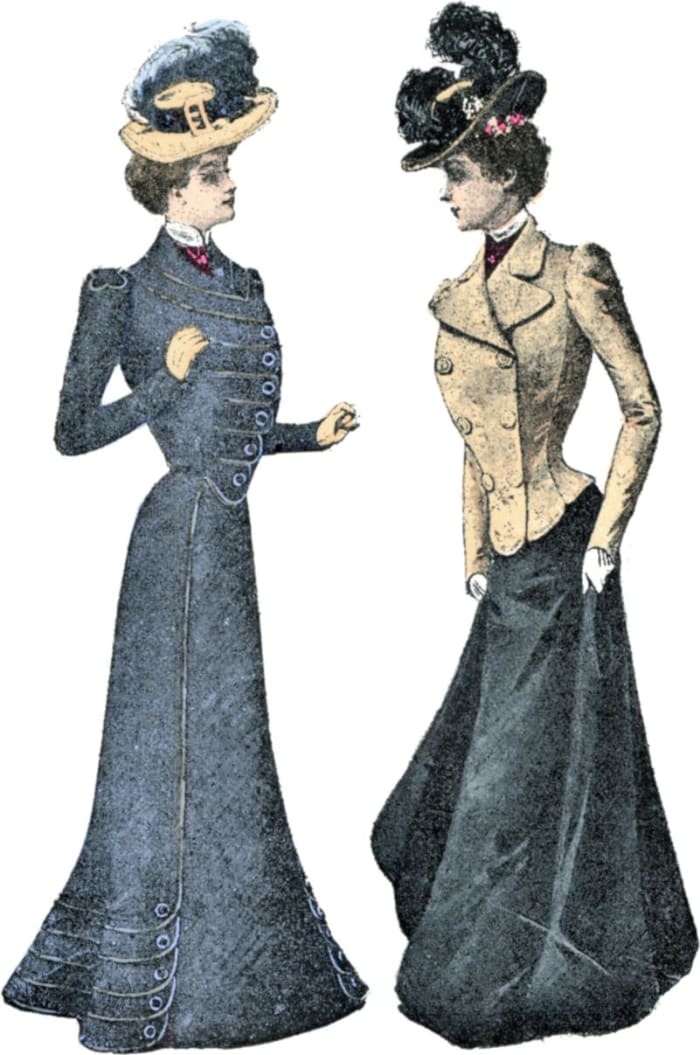 1899 women wearing suits—by this time, sleeves had lost their puffiness.