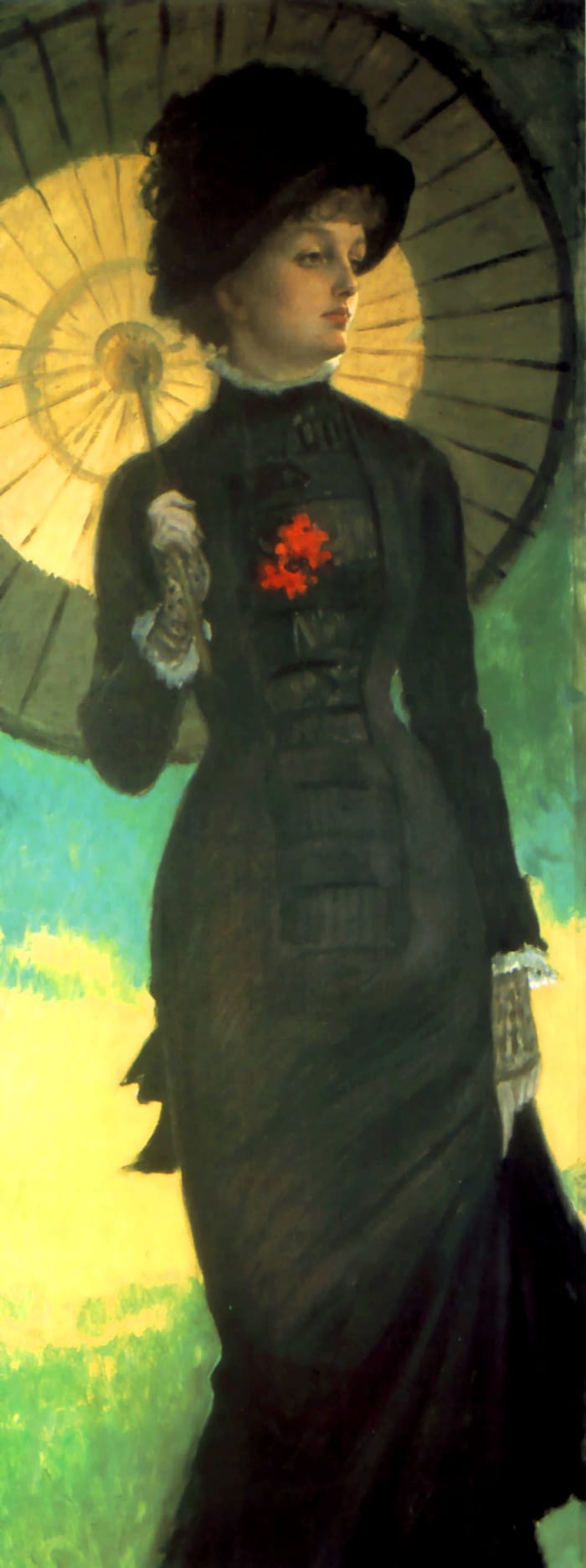 Rochie Princess line cu fustă foarte îngustă și umbrelă de soare circa 1879
