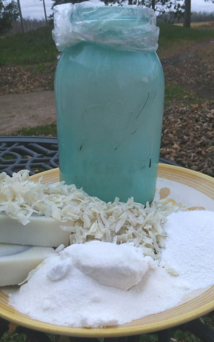 Soap bars, grated bar soap, Borax, washing soda, and liquid laundry soap made from these simple ingredients.