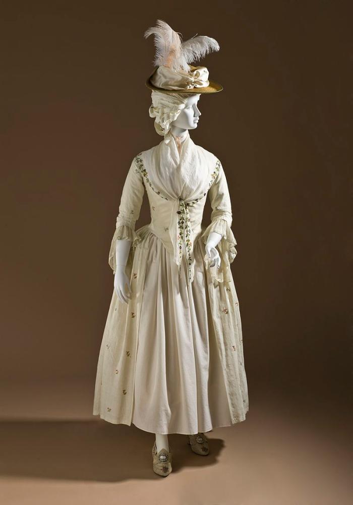 The simple Robe a la' Anglaise, circa 1780s, in embroidered linen