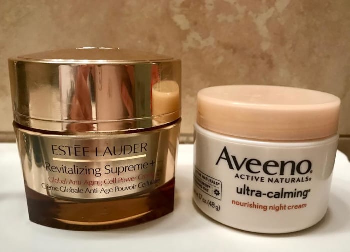 I love my Estee Lauder creams but look at the difference in the size of the jar. They are both 1.7oz! EL has gorgeous packaging but comparing it to the Aveeno, it seems so wasteful and takes up more space. I love the simplicity of the Aveeno jar.