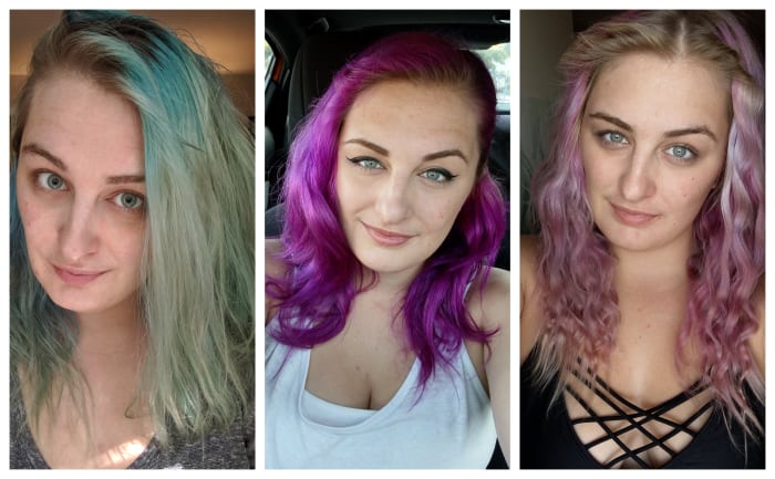 Here, you'll see what my hair looked like (left) before I dyed it, (middle) right after I dyed it, and (right) what it faded to after 7 weeks.