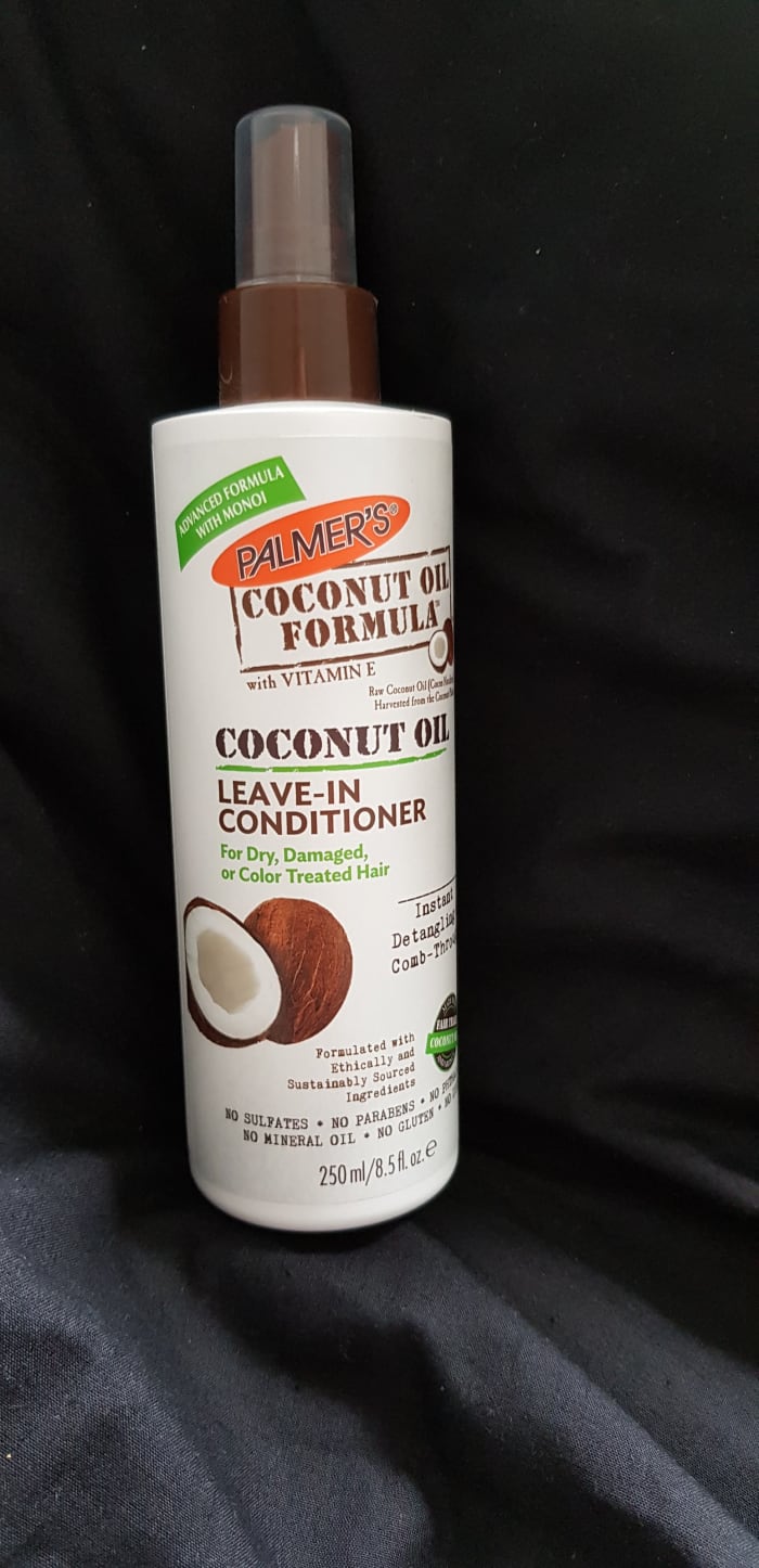 The outside packaging of the Palmer's Coconut Oil Leave-In Conditioner that I have been using for over a year