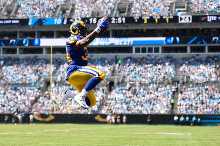 Los Angeles Rams running back, Malcolm Brown, scores a touchdown in the third quarter at Bank of America Stadium in a 2019 game. While Brown is the team's reserve running back, he's shown flashes that he could someday be a star.
