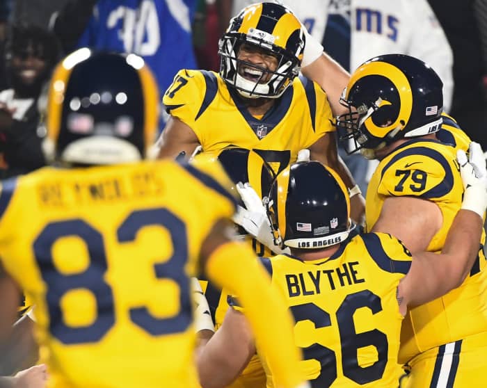 Los Angeles Rams wide receiver, Robert Woods (17), is all smiles after scoring a 7-yard touchdown in the first quarter against the Kansas City Chiefs in 2018. He gained more than 1,000 yards on the season.