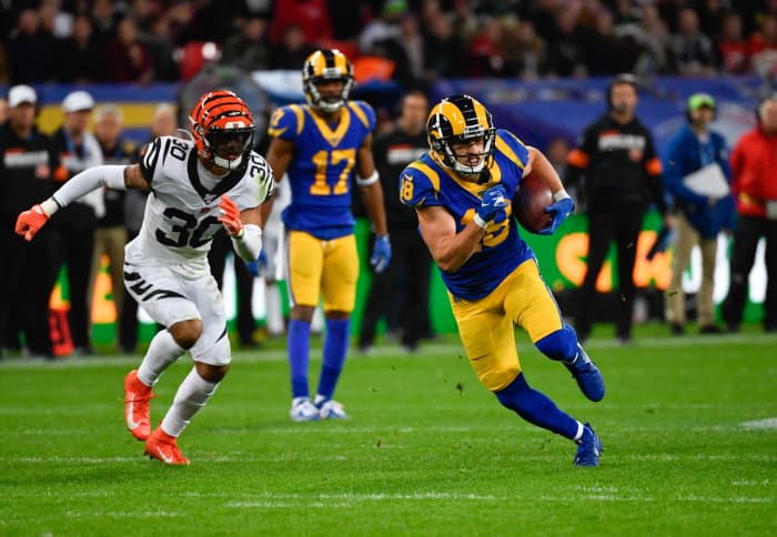 Los Angeles Rams wide receiver, Cooper Kupp, runs upfield during the second quarter of a 2019 game against the Cincinnati Bengals during the NFL International Series at Wembley Stadium in London.