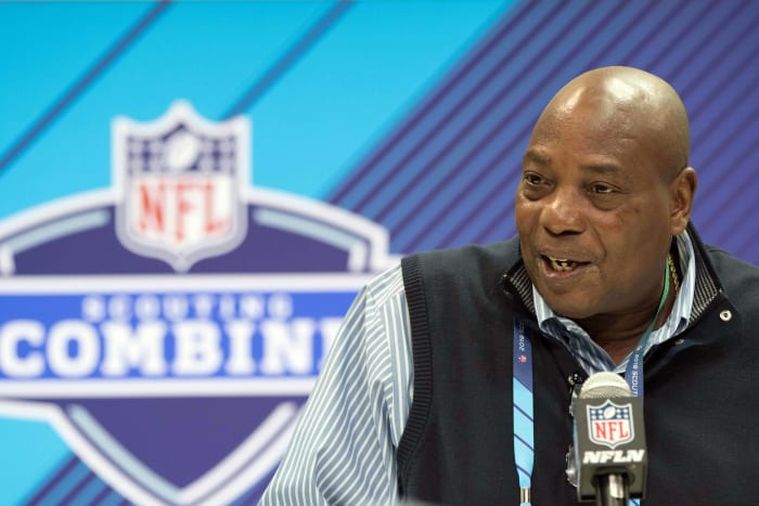 Former Cleveland Browns tight end, Ozzie Newsome, speaks to the media during the 2018 NFL Combine at the Indianapolis Convention Center. He served as general manager of the Baltimore Ravens at the time.