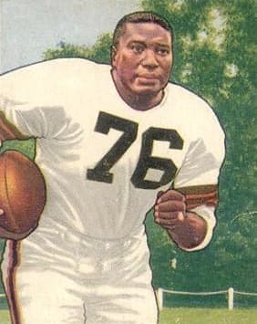 Hall of Fame fullback, Marion Motley, is pictured on his 1950 Bowman football card. Motley was a bruising runner, who is the best fullback in Cleveland Browns history.