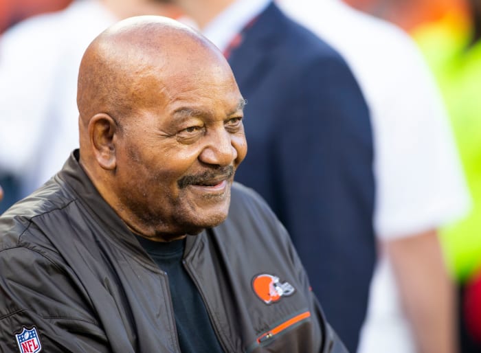 Cleveland Browns Hall of Fame running back, Jim Brown, smiles on the sidelines before a 2019 game against the Los Angeles Rams at FirstEnergy Stadium.