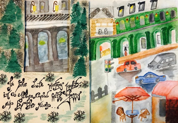 On a cold wintery night, I went to meet a friend for dinner. On the left is a sketch of the restaurant in Greenwich on a foggy night. On the right is a sketch of a girl, all dressed up, in a black cab going to the restaurant.