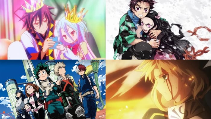 Clockwide from top left: No Game No Life (Madhouse), Kimetsu no Yaiba (Ufotable), My Hero Academia (BONES), Fate/Stay Night: Unlimited Blade Works (Ufotable)