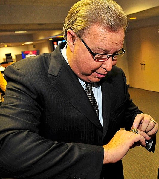 Former Philadelphia Eagles quarterback Ron Jaworski admiring his 1980 Super Bowl ring