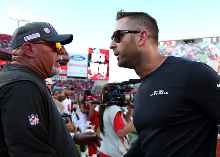 Tampa Bay Buccaneers head coach Bruce Arians (left), who had a lengthy tenure with the Arizona Cardinals, greets Cardinals coach, Kliff Kingsbury, after a 2019 game at Raymond James Stadium.