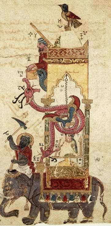 Elephant clock of al-Jazari, from a MS copy of his treatise The Book of Knowledge of Ingenious Mechanical Device copied in Syria in 1315 by Farkh ibn ‘Abd al-Latif. © The Metropolitan Museum, New York.